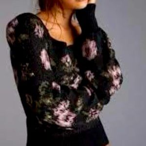 Anthropologie Square Neck Floral Sweater in Black Size L
